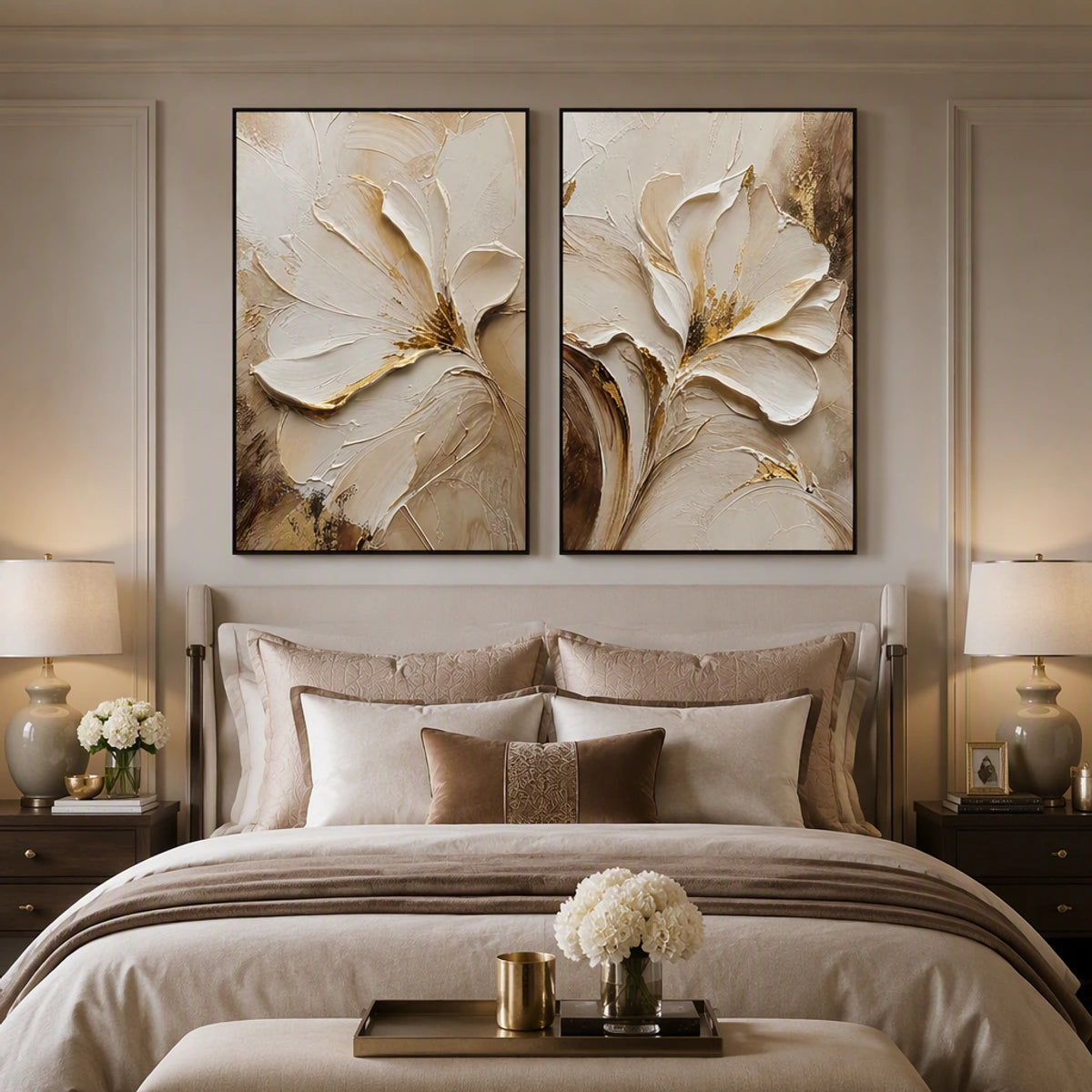 Ivory Bloom Duet in a refined bedroom with black frame