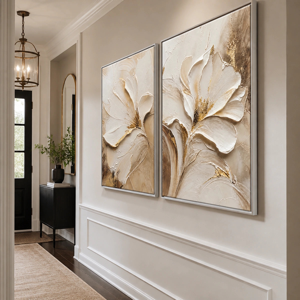 Ivory Bloom Duet in a refined entry hall with silver frame