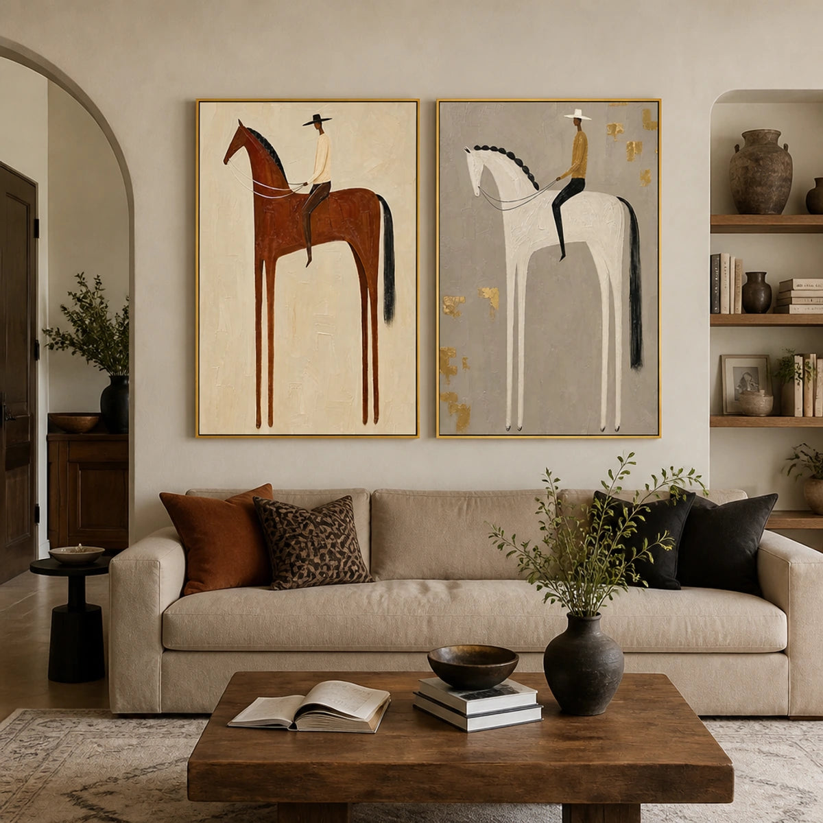 Equestrian Balance Duet in a refined living room with gold frame