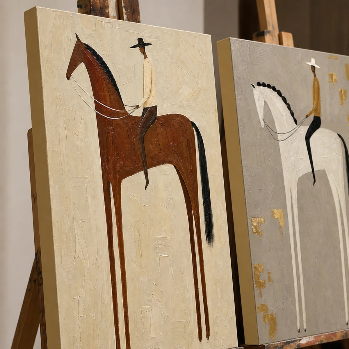 Close-up detail of Equestrian Balance Duet showing hand-painted texture and part of the frame