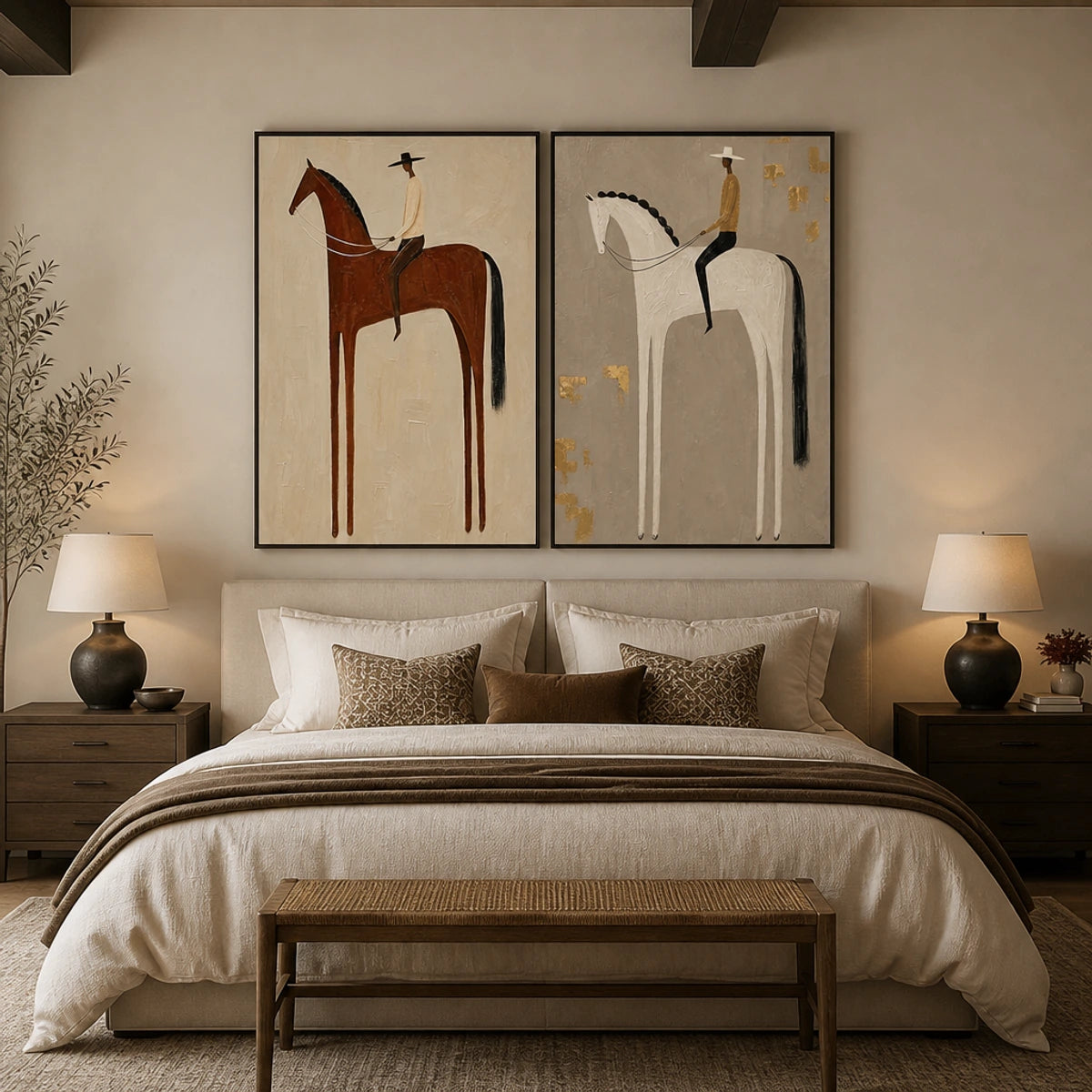 Equestrian Balance Duet in a refined bedroom with black frame