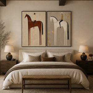 Equestrian Balance Duet in a refined bedroom with black frame