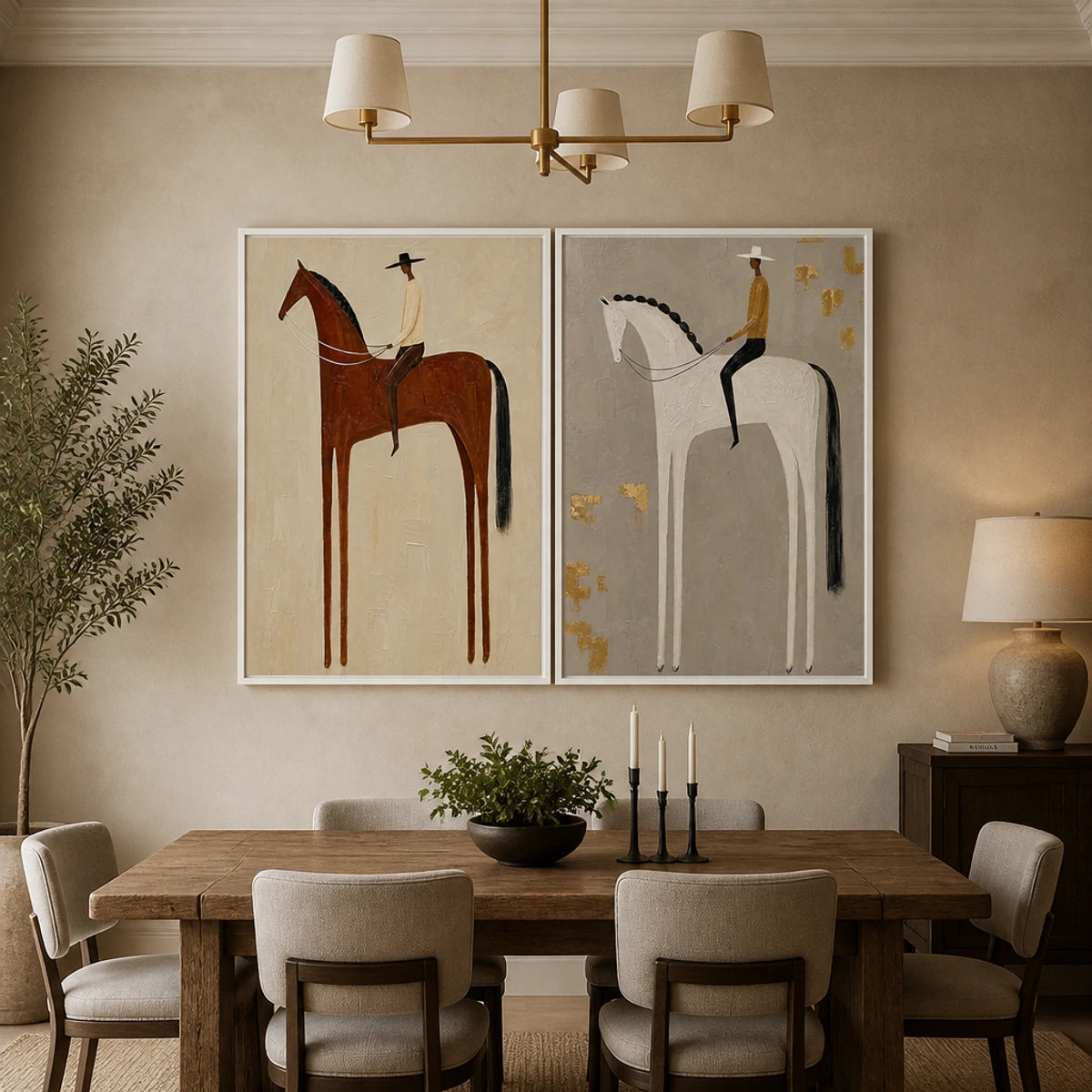 Equestrian Balance Duet in a refined dining room with white frame