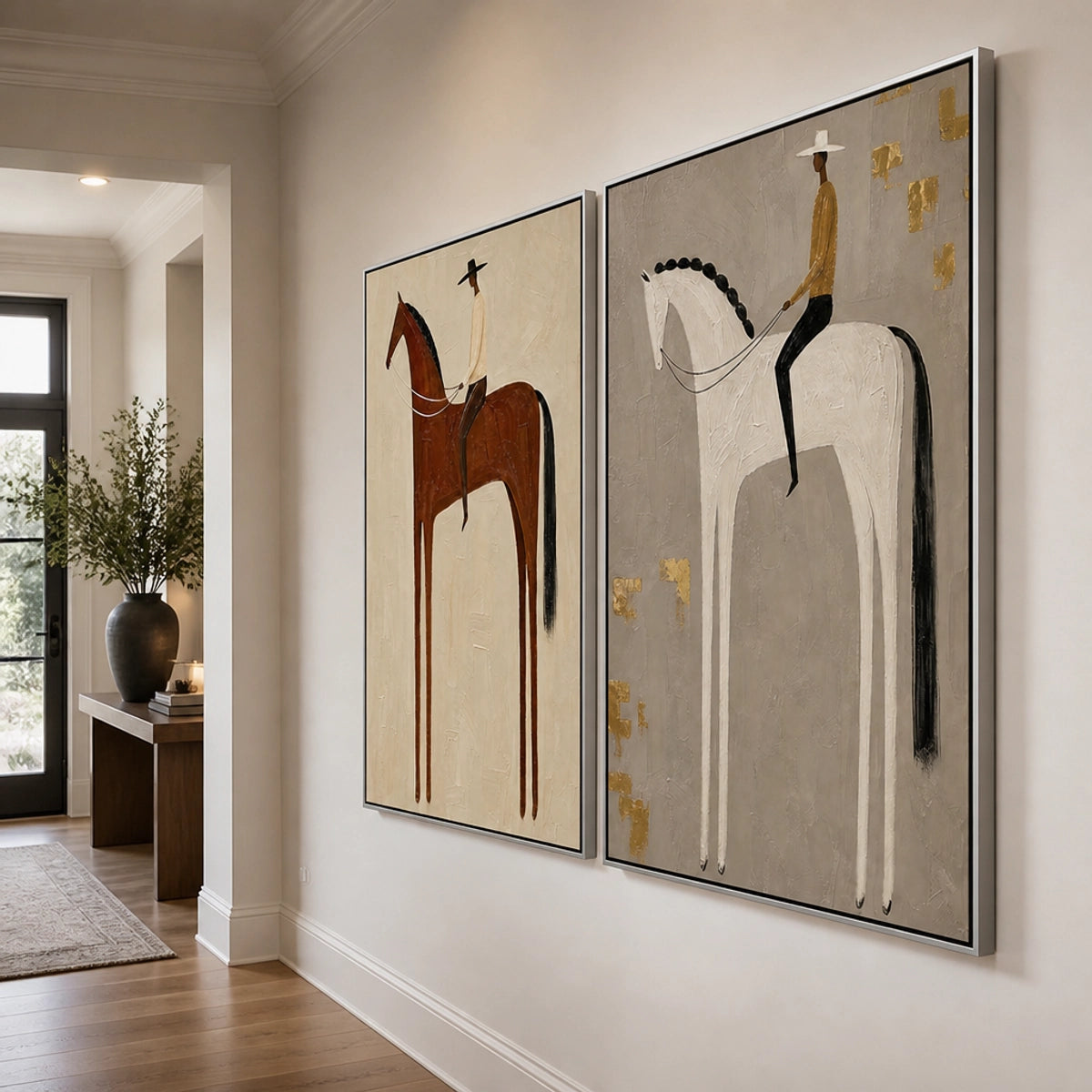 Equestrian Balance Duet in a refined entry hall with silver frame