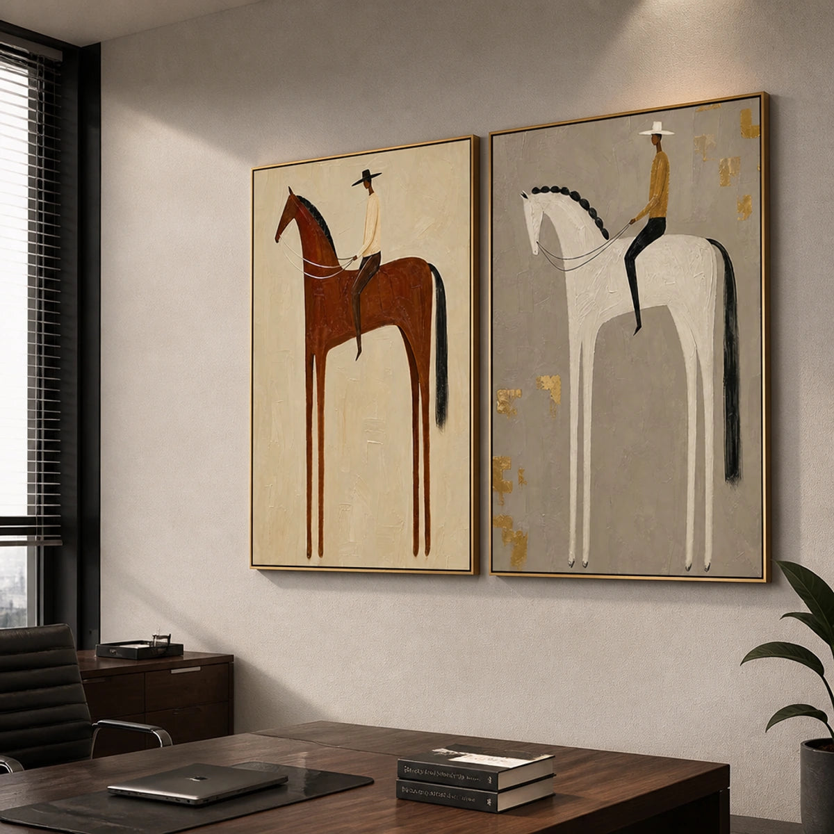 Equestrian Balance Duet in a refined office, frameless