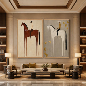 Equestrian Balance Duet in a refined hotel interior with wood frame