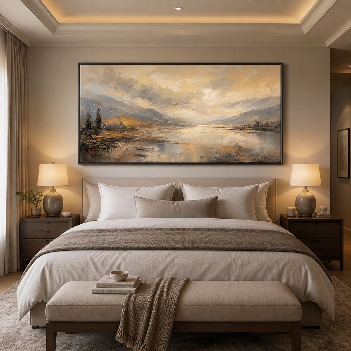 Veiled Valley Light in a refined bedroom with black frame