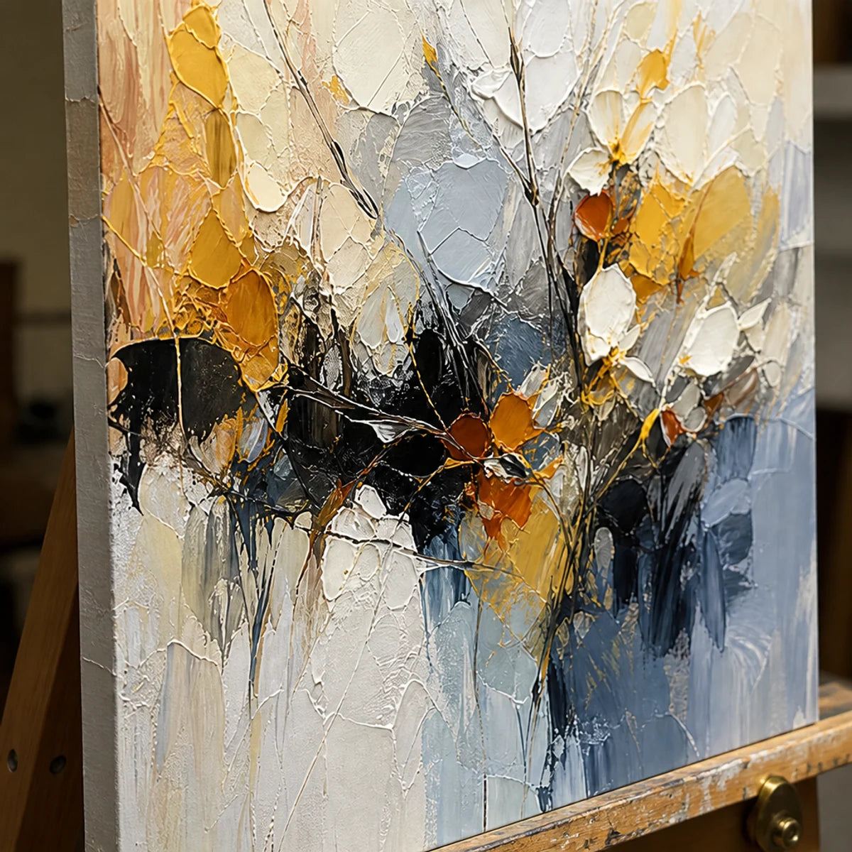 Close-up detail of Blue Gilded Bloom showing hand-painted texture and part of the frame