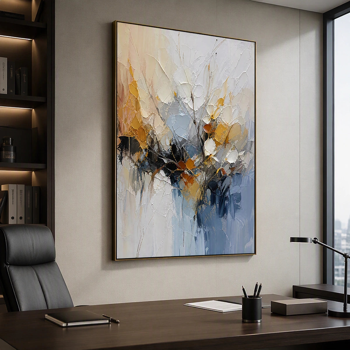 Blue Gilded Bloom in a refined office, frameless