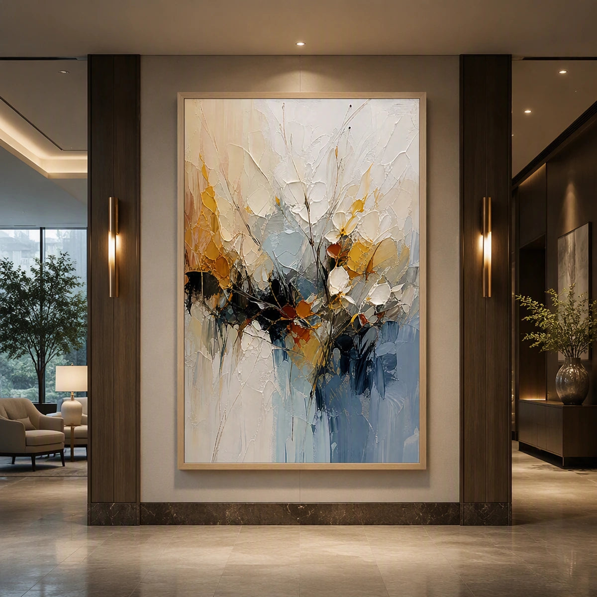 Blue Gilded Bloom in a refined hotel interior with wood frame