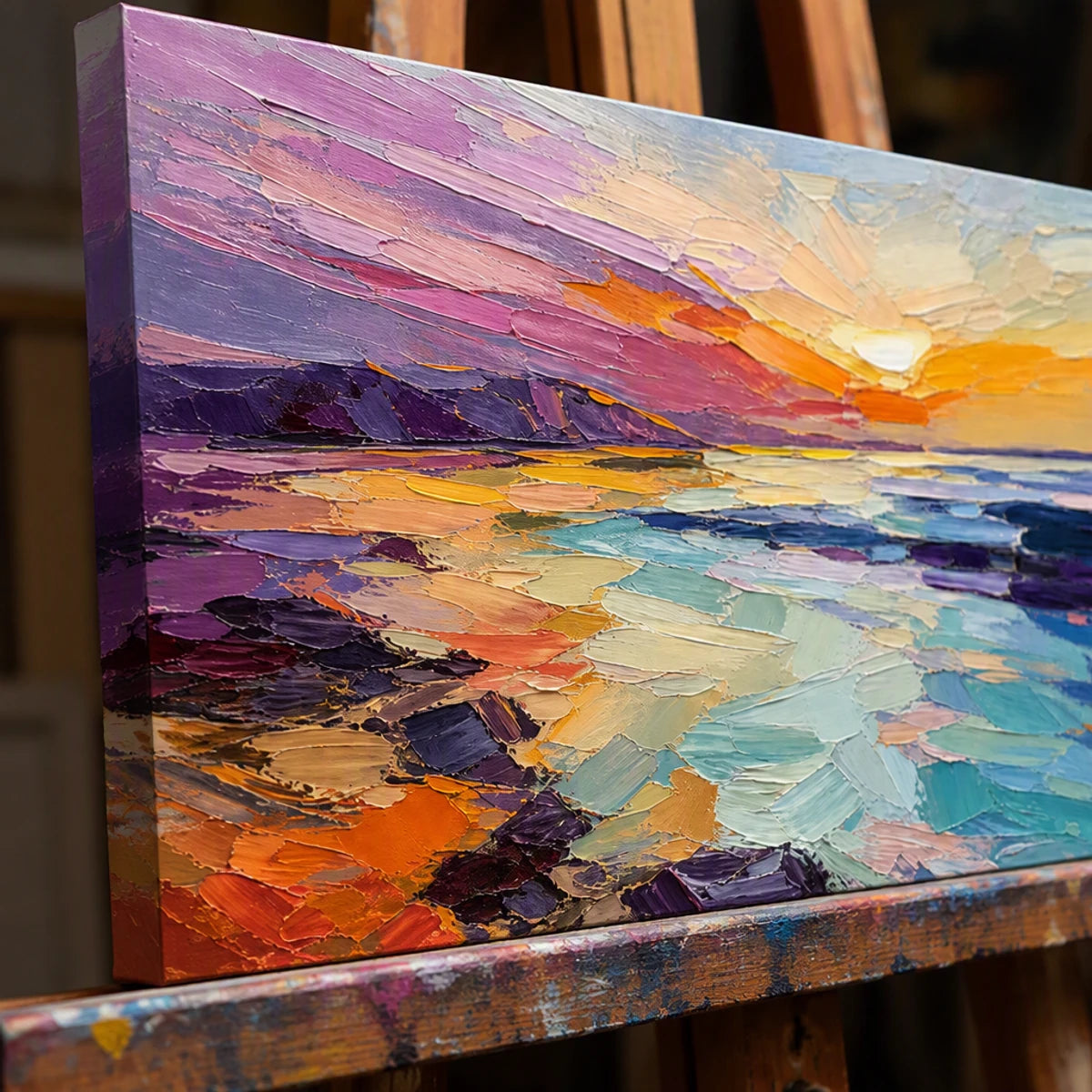 Close-up detail of Violet Tide Glow showing hand-painted texture and part of the frame