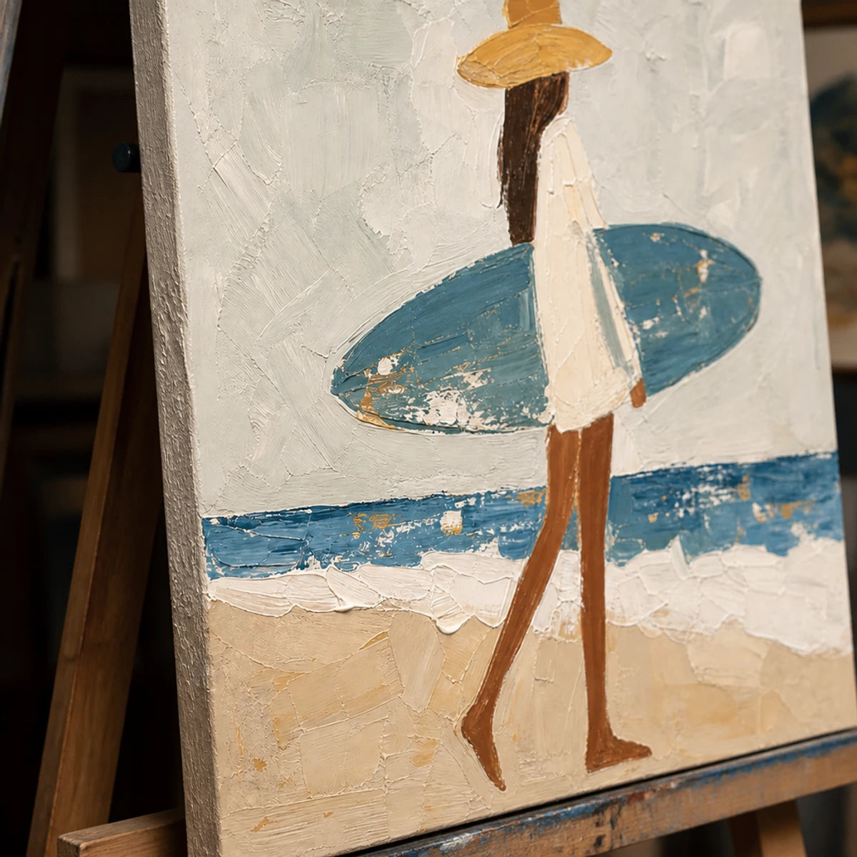 Close-up detail of Shoreline Walk showing hand-painted texture and part of the frame