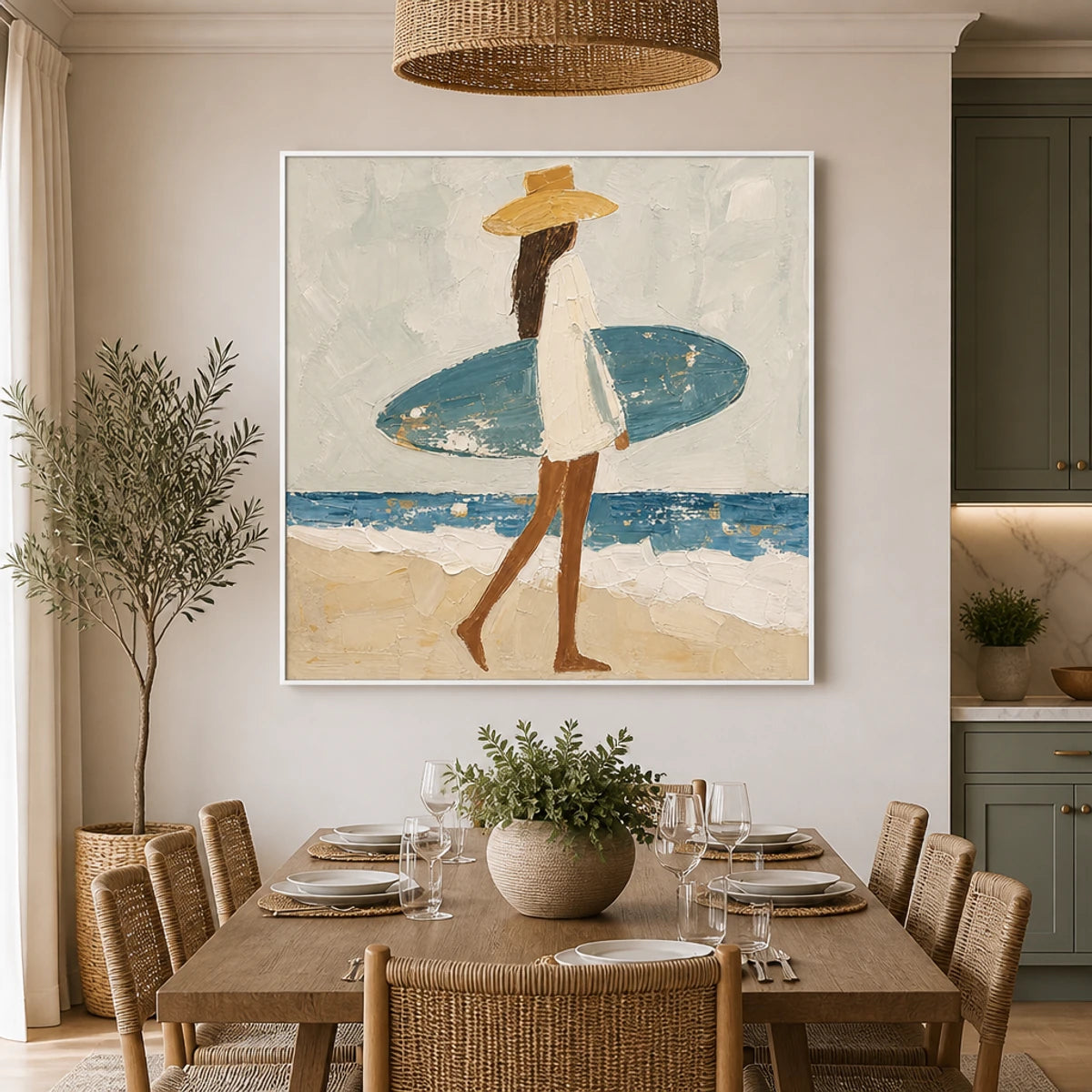 Shoreline Walk in a refined dining room with white frame