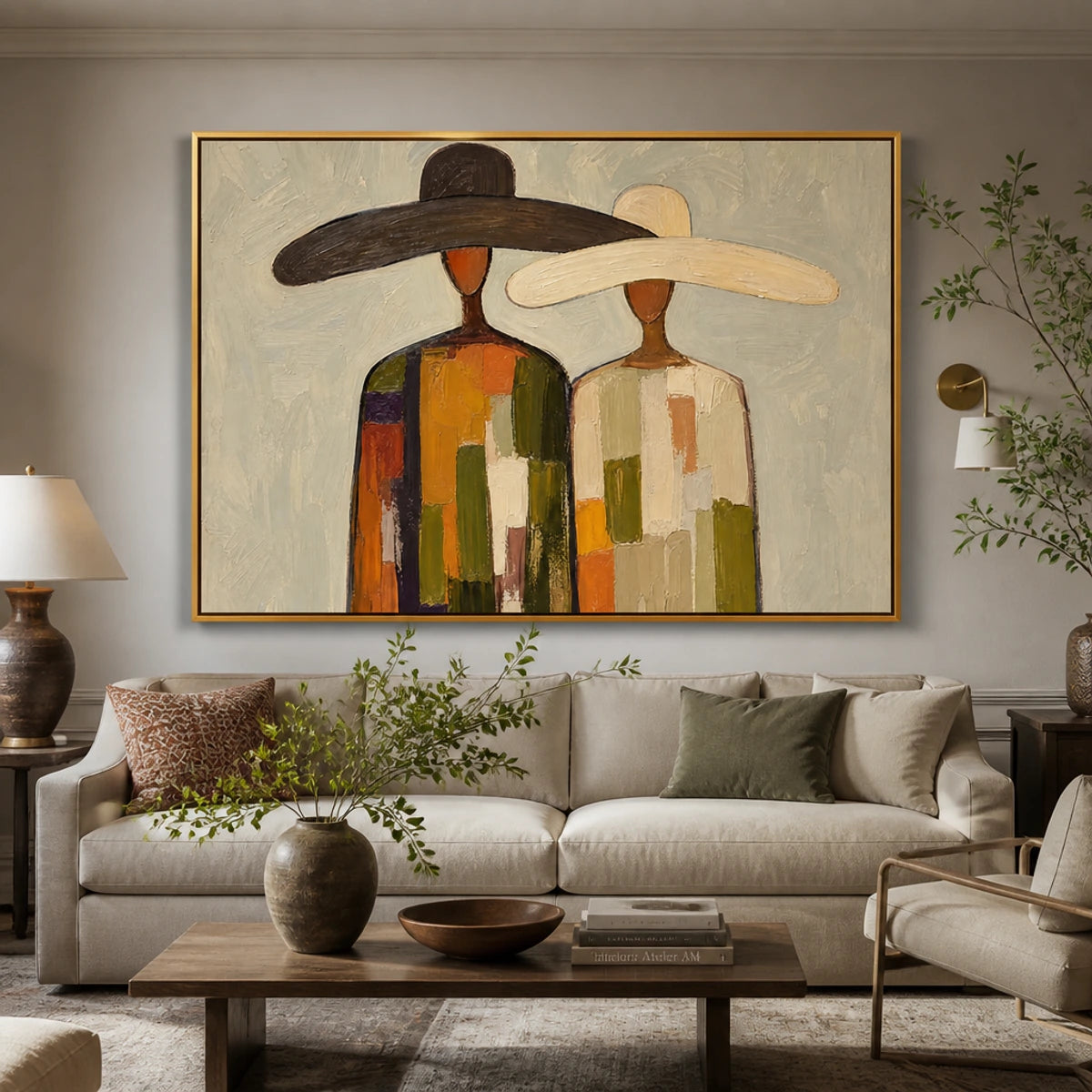 Sun Hat Duo in a refined living room with gold frame
