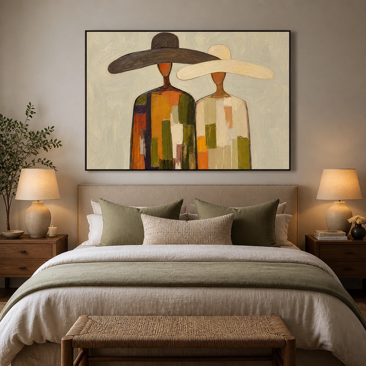 Sun Hat Duo in a refined bedroom with black frame