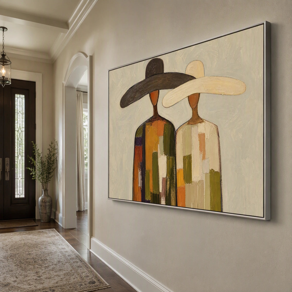 Sun Hat Duo in a refined entry hall with silver frame