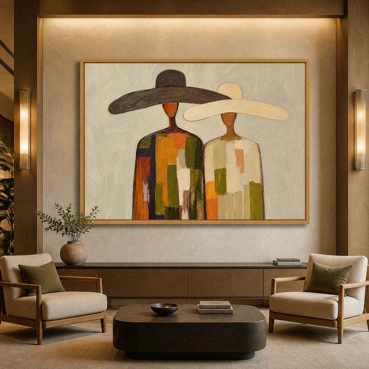 Sun Hat Duo in a refined hotel interior with wood frame