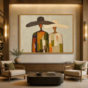 Sun Hat Duo in a refined hotel interior with wood frame