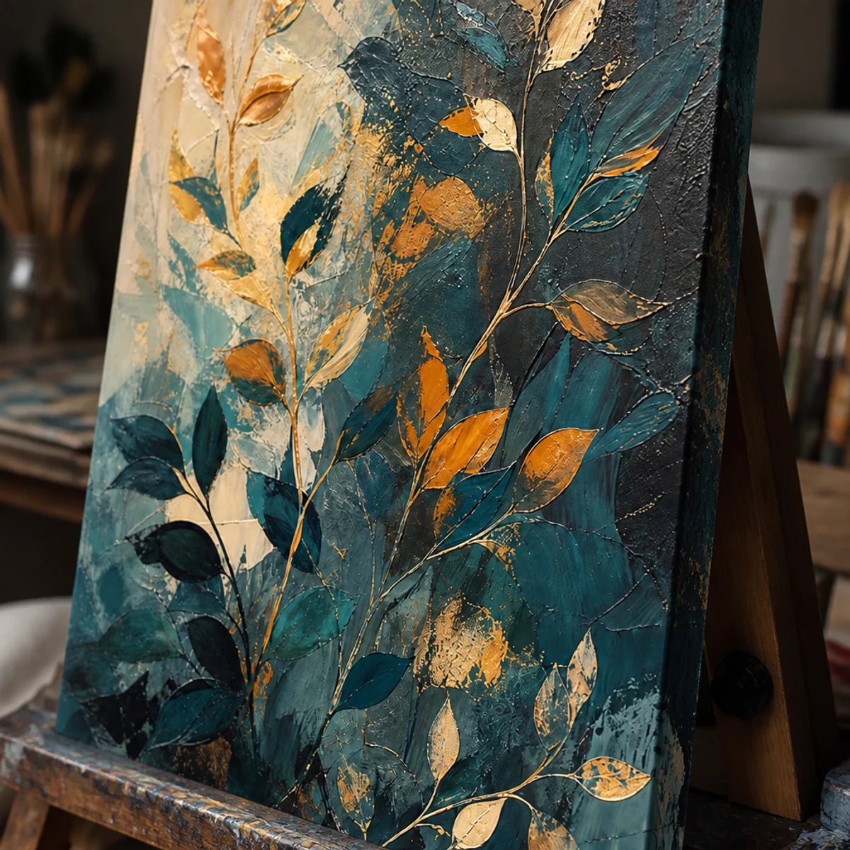 Close-up detail of Botanical Nightfall showing hand-painted texture and part of the frame