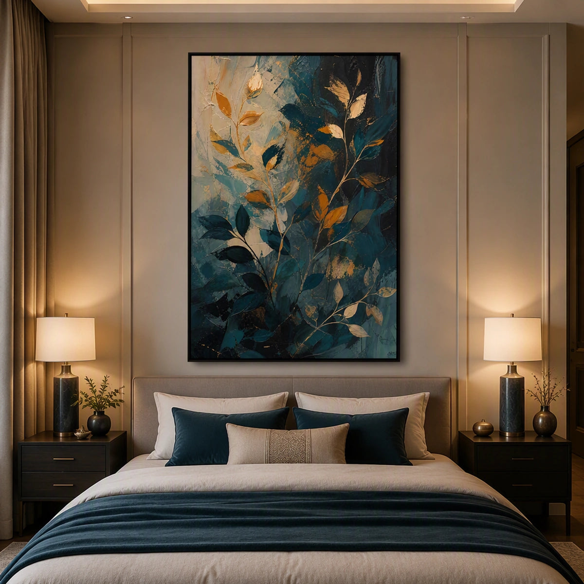 Botanical Nightfall in a refined bedroom with black frame