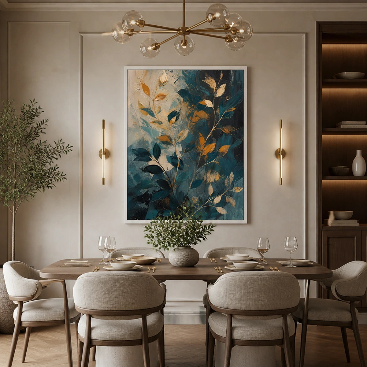 Botanical Nightfall in a refined dining room with white frame
