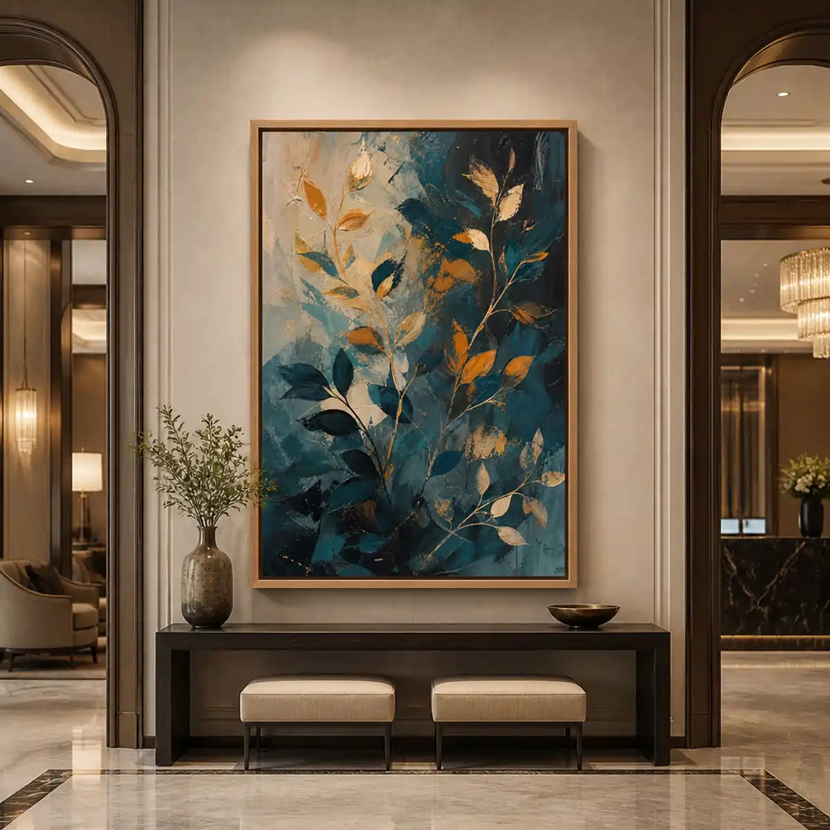 Botanical Nightfall in a refined hotel interior with wood frame