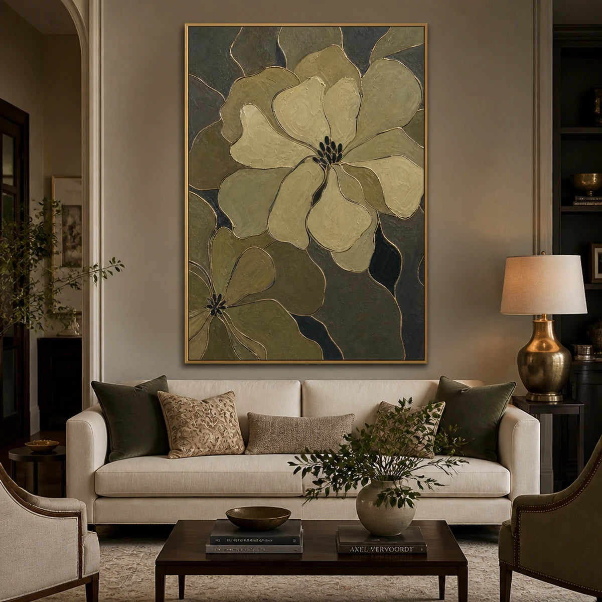 Olive Blossom Shadow in a refined living room with gold frame