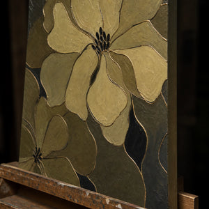 Close-up detail of Olive Blossom Shadow showing hand-painted texture and part of the frame