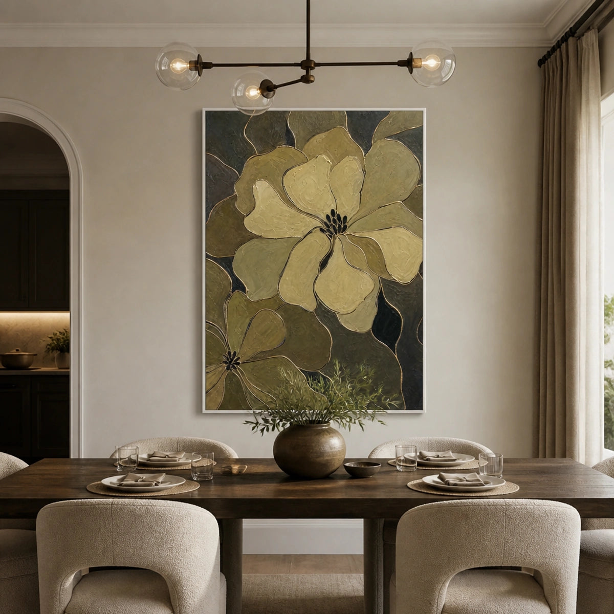 Olive Blossom Shadow in a refined dining room with white frame