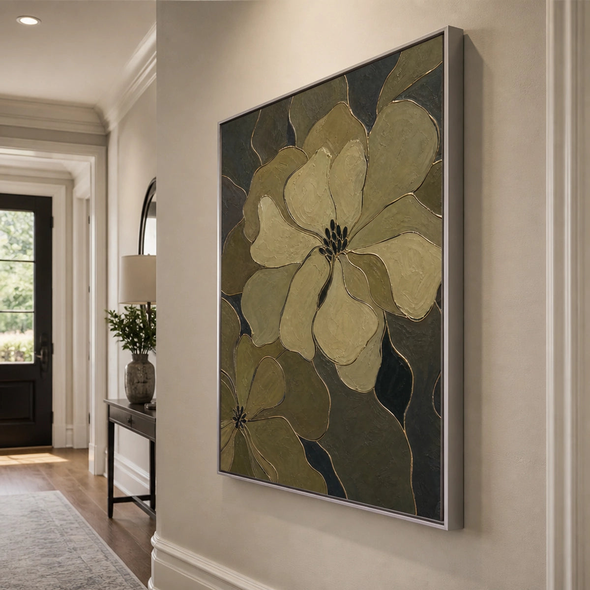 Olive Blossom Shadow in a refined entry hall with silver frame