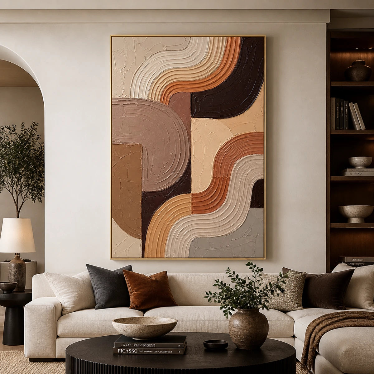 Earthen Wavework in a refined living room with gold frame