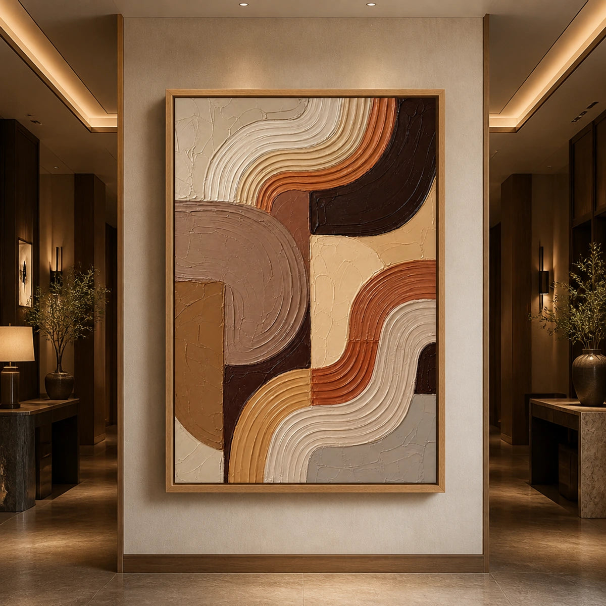 Earthen Wavework in a refined hotel interior with wood frame