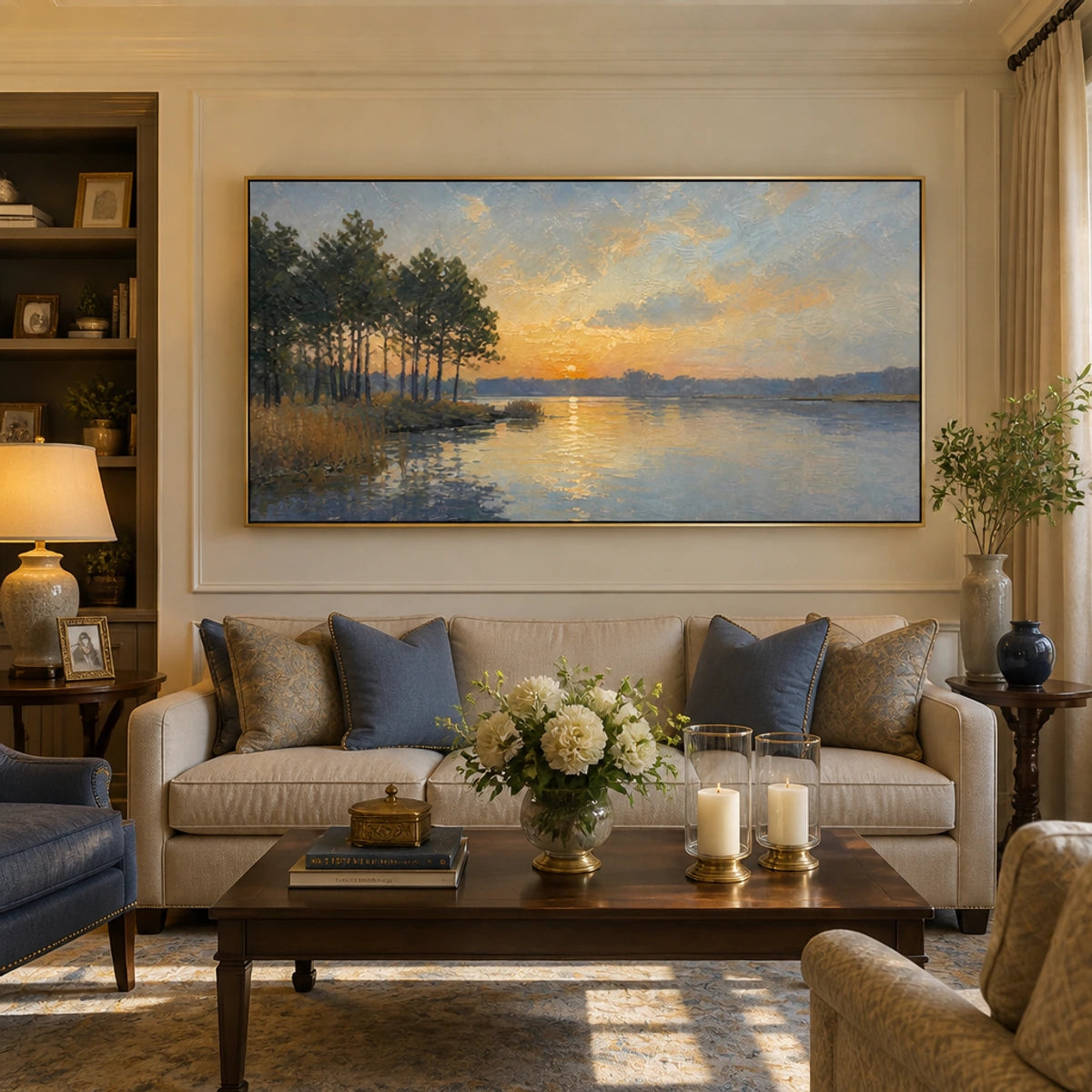 Lakeside Golden Hour in a refined living room with gold frame