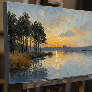 Close-up detail of Lakeside Golden Hour showing hand-painted texture and part of the frame
