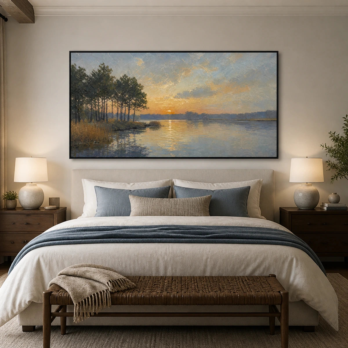 Lakeside Golden Hour in a refined bedroom with black frame