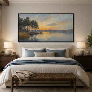 Lakeside Golden Hour in a refined bedroom with black frame