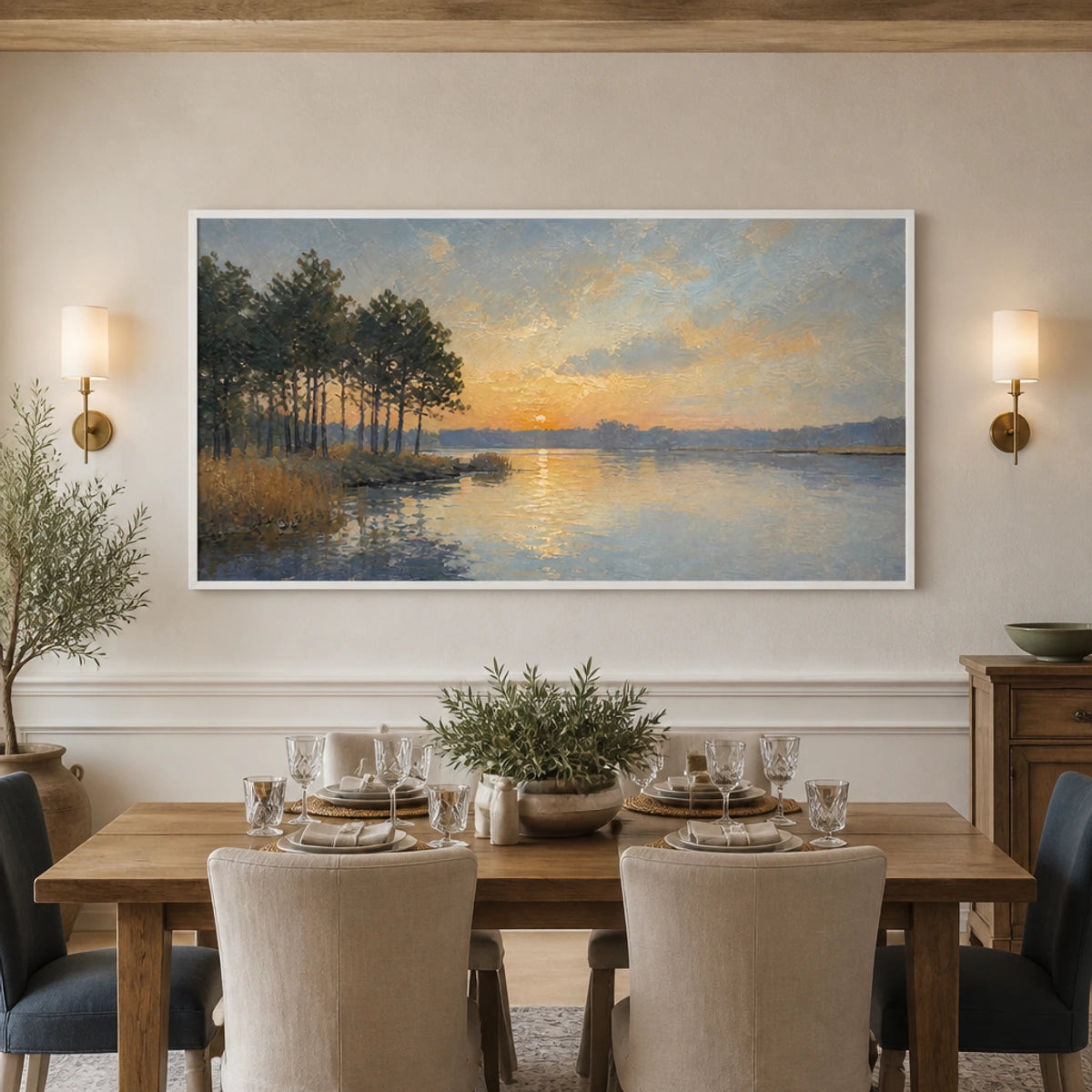 Lakeside Golden Hour in a refined dining room with white frame