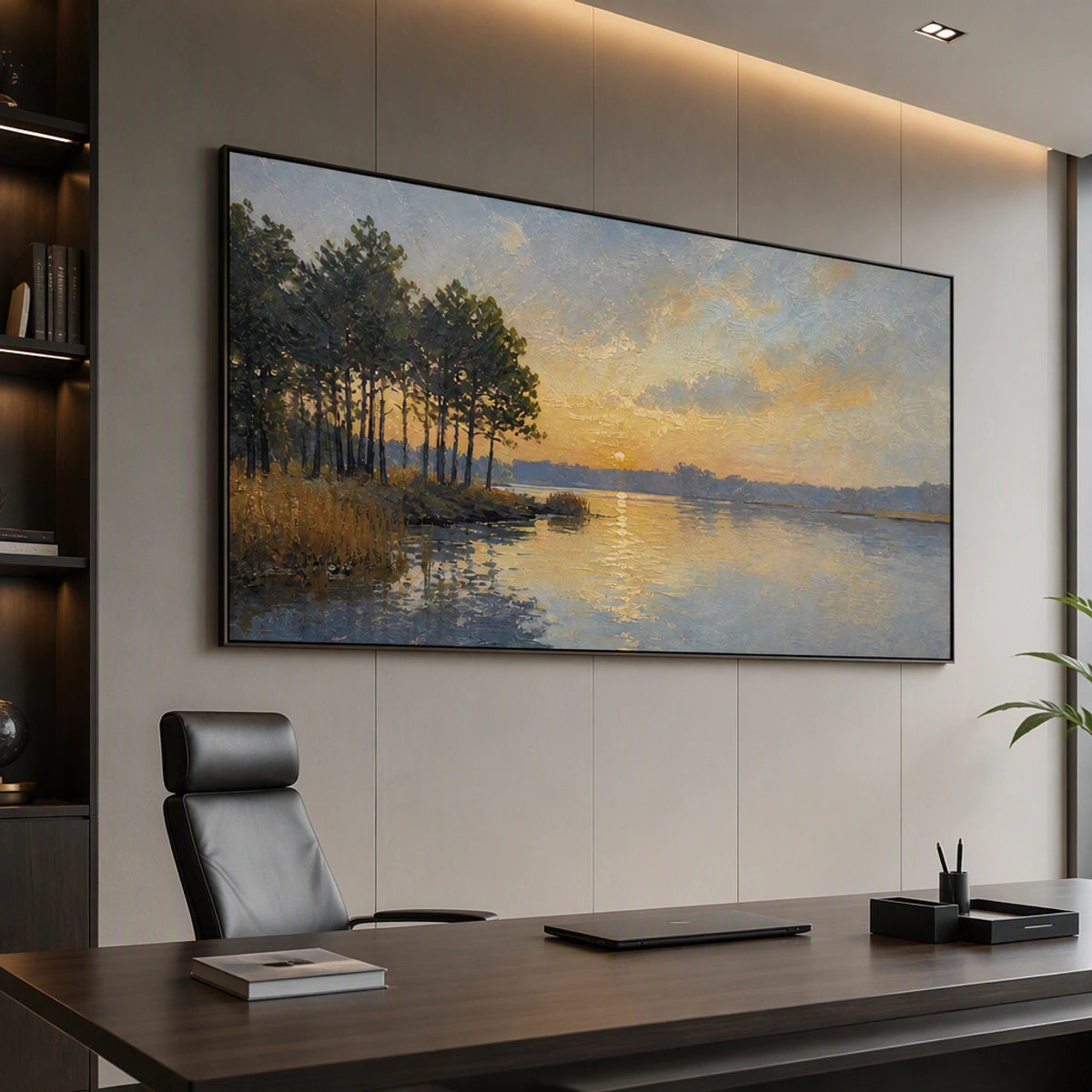 Lakeside Golden Hour in a refined office, frameless