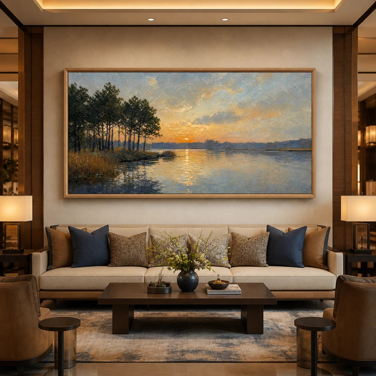 Lakeside Golden Hour in a refined hotel interior with wood frame