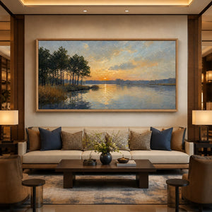 Lakeside Golden Hour in a refined hotel interior with wood frame