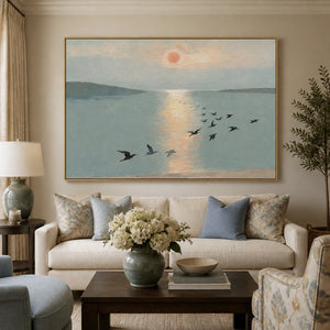 Birds Over Still Water in a refined living room with gold frame