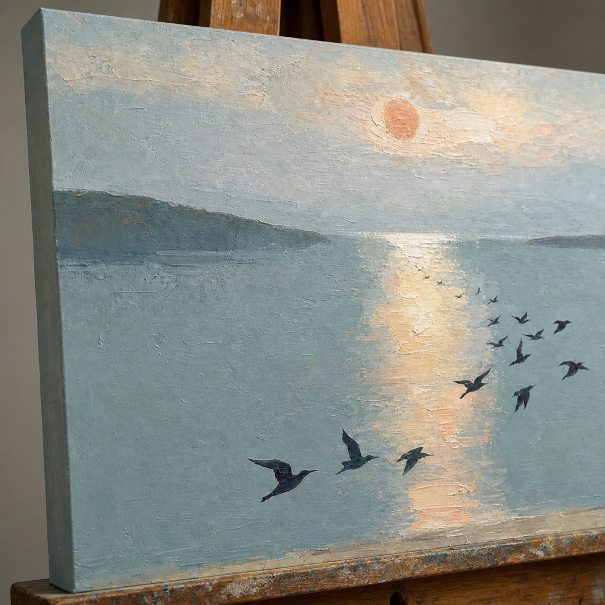 Close-up detail of Birds Over Still Water showing hand-painted texture and part of the frame