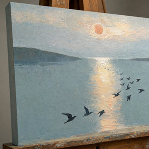 Close-up detail of Birds Over Still Water showing hand-painted texture and part of the frame