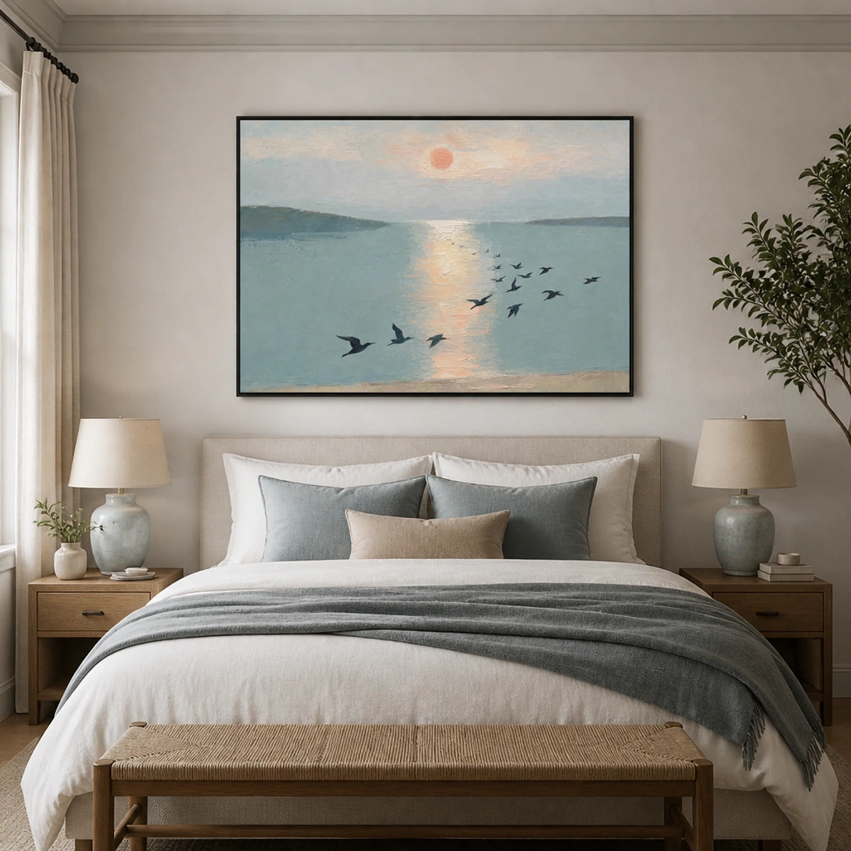 Birds Over Still Water in a refined bedroom with black frame