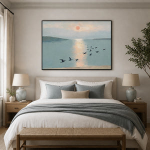 Birds Over Still Water in a refined bedroom with black frame