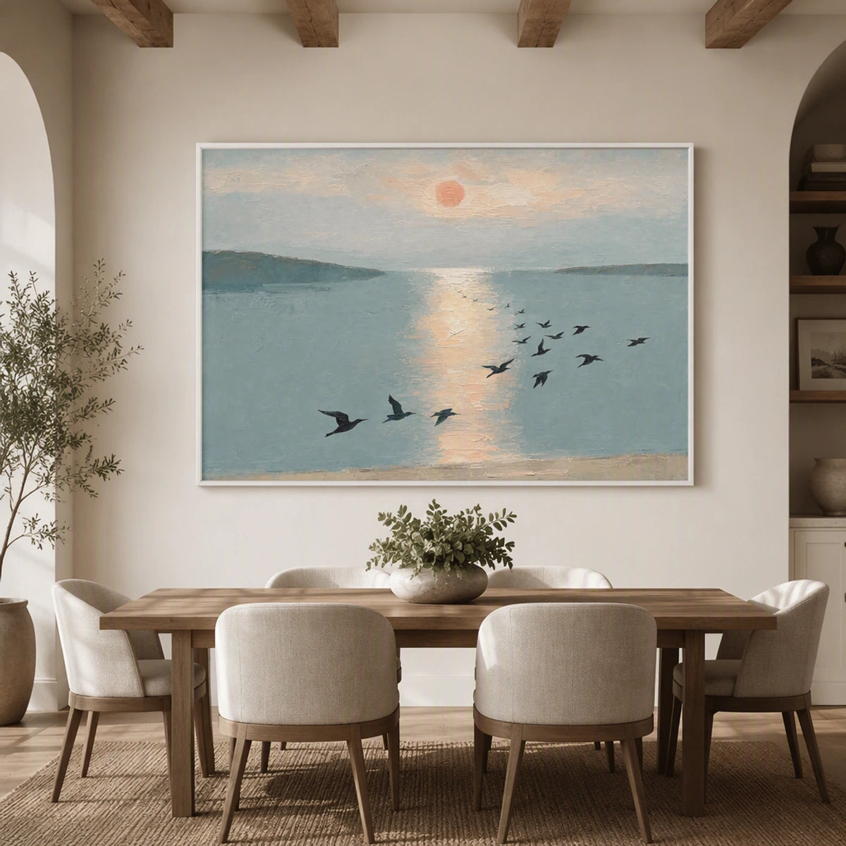 Birds Over Still Water in a refined dining room with white frame