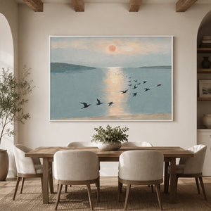 Birds Over Still Water in a refined dining room with white frame