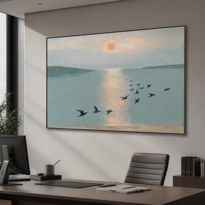 Birds Over Still Water in a refined office, frameless