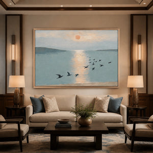 Birds Over Still Water in a refined hotel interior with wood frame