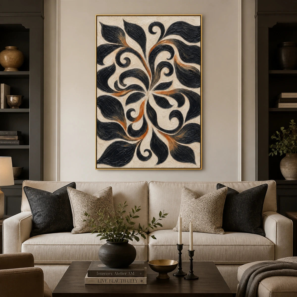 Noir Botanical Scroll in a refined living room with gold frame